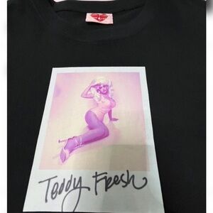 Teddy Fresh Black Tee with Pink & Purple Pinup Graphic